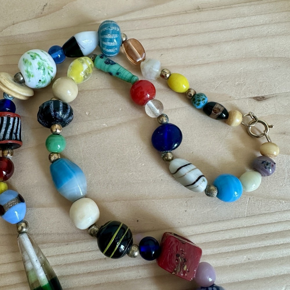 VTG Beaded Necklace 22 Inch Artisan Lamp Art Glass Multicolor Freeform Hippie - Picture 2 of 8